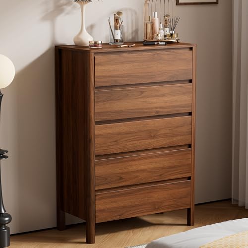 Walnut Dresser for Bedroom, 5 Drawer Dresser with Wood Legs, Tall Wood Dresser, Mid Century Modern Chest of Drawers, Large Storage Bedroom Furniture, Walnut - size: 15.7"D x 31.3"W x 45.6"H (5 Drawers)