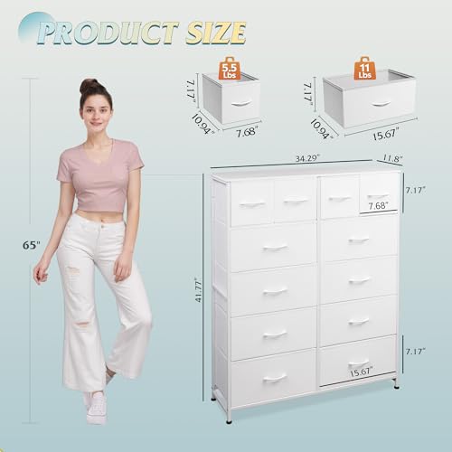WLIVE 12 Drawer Tall White Fabric Dresser Bedroom Storage Chest | White tall 12-drawer fabric dresser with wood top, perfect baby dresser for nursery kids room toddler closet storage - color: White