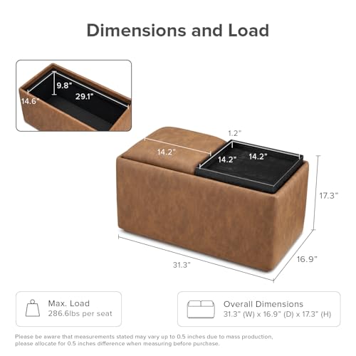 mopio Levi Storage Bench with Reversible Tray, Modern Storage Coffee Table, Bedroom Bench, Rectangular Cube Upholstered Coffee Table Ottoman for Living Room, Bedroom (Faux Leather, Pecan Brown) - color: Brown Pu Leather, Rect.