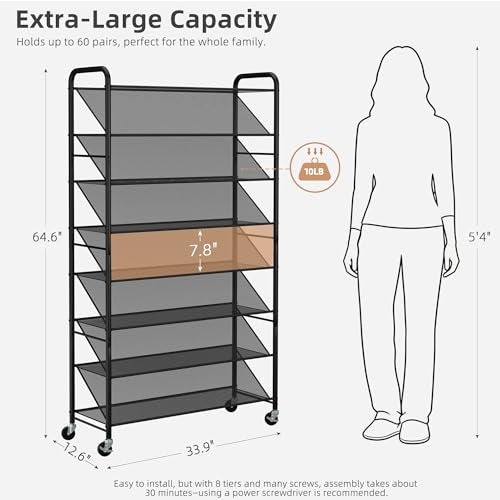 STORAGE MANIAC Tall Shoe Rack, 8 Tiers Shoe Organizer with Lockable Wheels for Entryway, Closet, Hallway, Double-Sided Vinyl Mesh Shelf Shoe Storage, Holds 60 Paris, Black