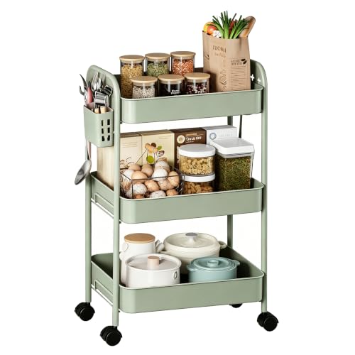 Heavy-Duty Rolling Cart 3 Tier Metal Utility Storage Cart | with Casters, Hooks & Hanging Cups, Rolling Storage Organizer for Kitchen Office Craft Snack Book - color: Sage Green
