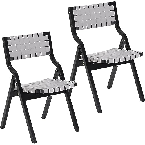 Wood Folding Chairs, Foldable Chairs Wooden Indoor Stackable Dining Chairs for Kitchen & Dining Room Chair Woven Seat & Webbing Back, Dining Chair Set of 2 - color: Light Gray/Black, Pu Leather