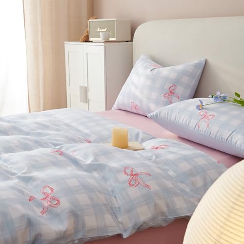 Bow Duvet Cover King Size Blue Plaid Pink Bows Reversible Bedding Set 3 Piece Soft Lightweight Microfiber Kids Bedding Set with Zipper Closure and 2 Pillowcases - color: Blue Plaid Pink Bowknot, size: King(No Comforter)