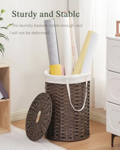 SETVSON Laundry Hamper with Lid, 19.0 Gal (72 L) Round PE Rattan, Brown | 72L Woven Hamper with Lid, Removable Washable Liner Bag, 2 Mesh Laundry Bags, Strong Steel Frame, Foldable Long Handles - color: Brown, size: 72 L