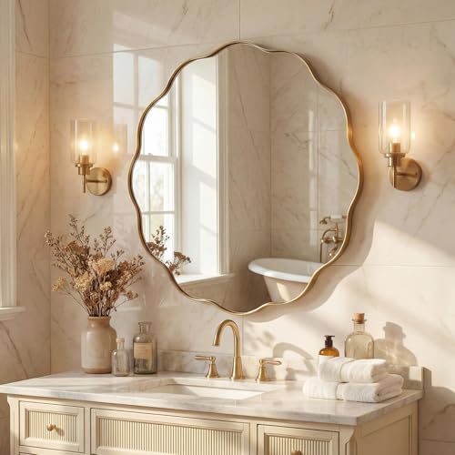 Brushend Gold Round Wall Mirror 28 Inch, Brass Round Bathroom Mirrors for Over Sink, Anti-Rust Brass Circle Mirror for Bathroom, Entryway - color: Brushed Gold, size: 28"L x 28"W