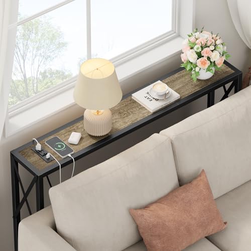 Gewudraw Narrow Console Table with Socket, Sofa Table Behind Couch | 41.8" Couch Table, Industrial Style, Long Skinny Design,For Hallway,Living Room,Bedroom, Built-In Outlets & USB,140cm Length - color: Light Grapefruit, size: 41.7 in