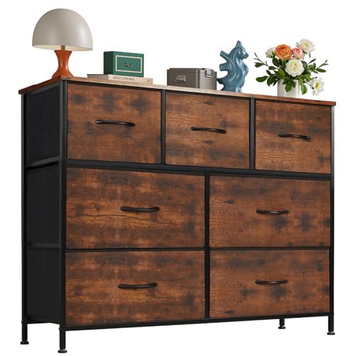 OLIXIS 7 Drawer Fabric Dresser, Storage Tower for Bedroom and Closet | Easy-Pull Bins for Closet Organizers, Chest of Drawers with Sturdy Steel Frame & Wooden Top for Living Room, Entryway, Brown - color: Rust Brown, size: 11.8"D x 39.4"W x 30"H (7 Drawer