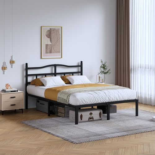 SHOANED 14 Inch Metal Bed Frame - Full Size Heavy Duty Bedframe with Headboard Black Basic Steel Slats Platform No Box Spring Needed/Easy Assembly/Noise Free - size: Full, style: 14 Inch with Headboard