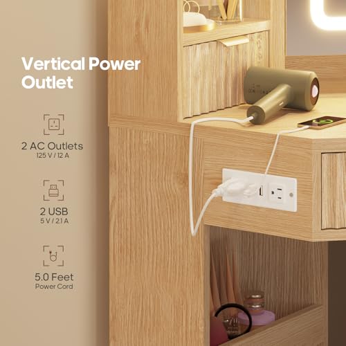 HAUOMS Fluted Corner Vanity Desk with Mirror & Lights, Natural Wood | Rotating Cabinet with 6 Shelves, Built-in Charging Station, 2 Drawers, Storage Bench, for Bedroom, Women Girls - style: Fluted Wood