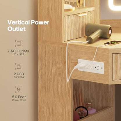HAUOMS Fluted Corner Vanity Desk with Mirror & Lights, Natural Wood | Rotating Cabinet with 6 Shelves, Built-in Charging Station, 2 Drawers, Storage Bench, for Bedroom, Women Girls - style: Fluted Wood
