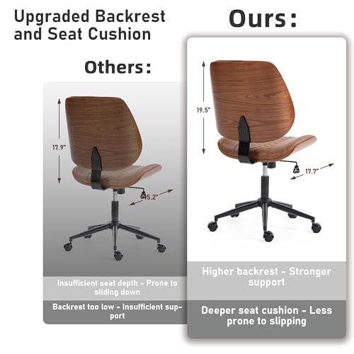 Modern Walnut Home Office Chair, Executive Desk Chair No Arms Brown | with Wheels, Adjustable Height, Comfy PU, Deeper Cushion, Mid Back, 360 Swivel Computer Chair - color: Brown
