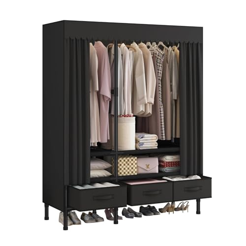 Portable Closet with Drawers 43.3"x17.7"x65.7" Wardrobe Closet Black | Portable Closet for Hanging Clothes, Fabric Drawers and Hanging Rod, Portable Wardrobe Storage for Bedroom or Dorm Use - color: Black-b, size: 43.3" L