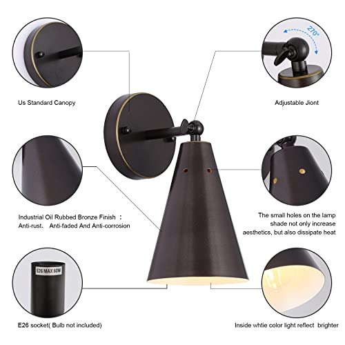 Oil Rubbed Bronze Farmhouse Wall Sconces Set of Two, Rustic Adjustable Interior Sconce Light Fixture Hardwired with Metal Shade,Indoor Industrial Lamp for Hallway,Bedroom,Living Room - color: Oil-Rubbed Bronze
