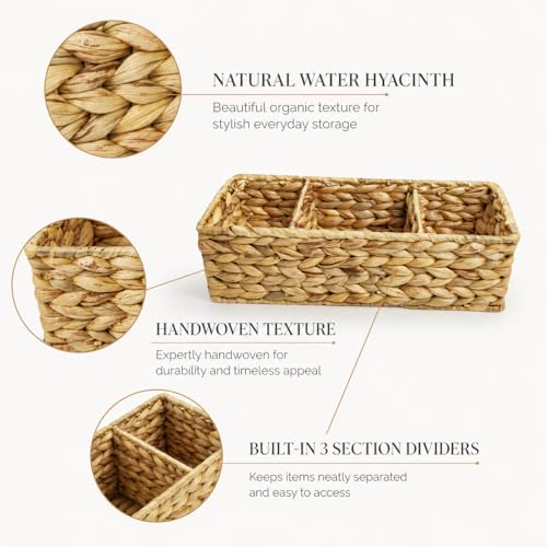 Operitacx Wicker Basket Organizer, 2-Pack with 3 Sections for Countertops | 2 woven-look baskets, three-section layout, for pantry packets, bathroom supplies, desk items and shelf organization needs