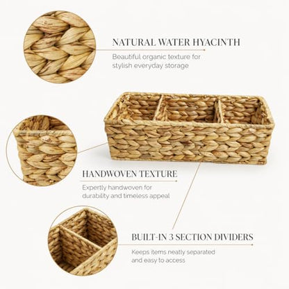 Operitacx Wicker Basket Organizer, 2-Pack with 3 Sections for Countertops | 2 woven-look baskets, three-section layout, for pantry packets, bathroom supplies, desk items and shelf organization needs