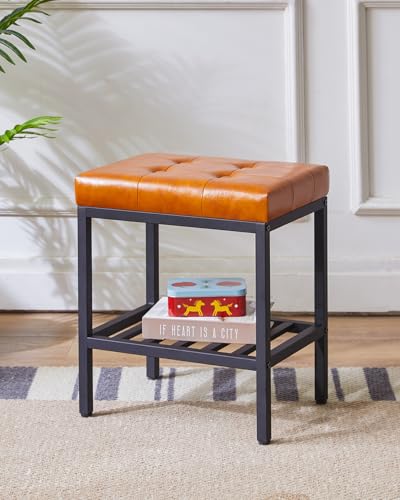 IBUYKE Rectangular Makeup Stool, PU Seat Vanity Chair, Light Brown WBD017J | Adjustable Feet Storage Space Footrest Multi-Use Small Side Table Ottoman Bedroom - color: Light Brown, size: Rectangular