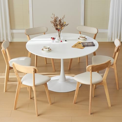 43.5" Tulip Table, Round Dining Table with Thickened Tabletop & Metal Pedestal, Mid Century Modern Bistro Circle Table for Kitchen, Small Places, Living Room, Cafe (White)