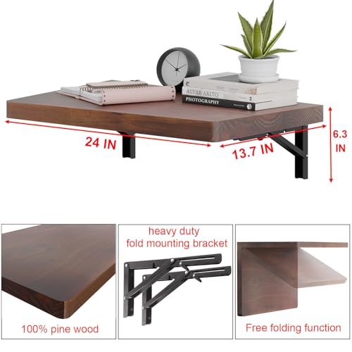 IAE Wall Mounted Folding Table with Pine Wood,24" x 14"Floating Wall Desk | Laundry Folding Table with Shelf Brackets,Fold Down Desk Shelf,Fold Workbench for Apartments,Home,Laundry Room,Kitchen,Brown - color: Brown, size: 24*13.7*6.3 Inch