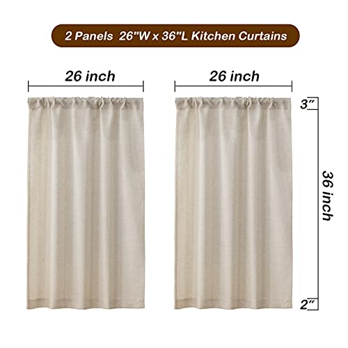 Valea Home Linen Kitchen Curtains 36 Inch Length Rustic Farmhouse Crude Short Cafe Curtains Rod Pocket Tiers for Small Window Bathroom Basement, Natural, 2 Panels - size: 26"W x 36"L (Pack of 2)