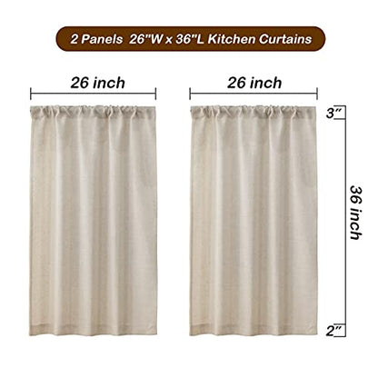 Valea Home Linen Kitchen Curtains 36 Inch Length Rustic Farmhouse Crude Short Cafe Curtains Rod Pocket Tiers for Small Window Bathroom Basement, Natural, 2 Panels - size: 26"W x 36"L (Pack of 2)