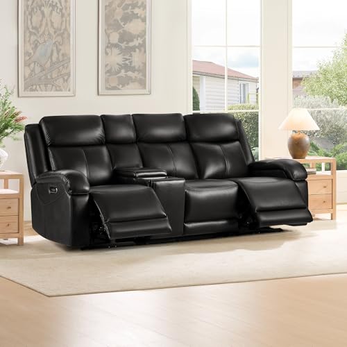 Watson & Whitely Wall Hugger Power Reclining Sofa with Console, Black | Genuine Leather Recliner Sofa, Power Headrests, Center Storage Console, Cup Holders, 3-Seater Couch, Living Room & RV - color: Black, style: 3 Seater Sofa (with console)