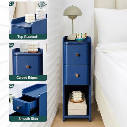 Narrow Nightstand Set of 2, Wooden Small 2 Drawer Nightstand, Slim Side End Table, Skinny Bedside Table, Mid Century Modern Night Stand with Drawers for Bedroom (Blue-1 pc) - color: Blue-1 Pc