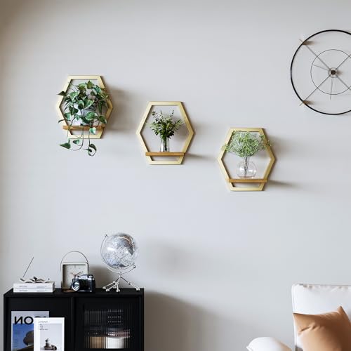 3 Pack Solid Wood & Heavy Duty Metal Wall Plant Stands, 25 LB Load Boho Arch Hanging Planter,9 inch Natural Wood Shelf for Indoor Plants Golden - color: golden
