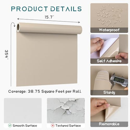 VEELIKE Pastel Beige Peel and Stick Wallpaper Modern Matte Beige Contact Paper for Cabinets Countertops Bedroom Living Room Walls Removable 15.7''x354'' Self Adhesive Waterproof Beige Vinyl Wallpaper - color: Pastel Beige, size: 15.7" x 354"