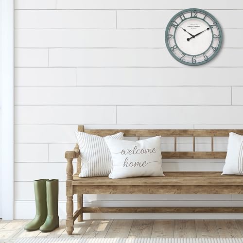 10" Farmhouse Series Wall Clock | Shiplap Style, Silent No Ticking, Raised 3D Arabic Numeral, Aged Teal Finish - color: Aged Teal Finish, size: 10 inch