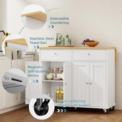 Shintenchi Kitchen Island with Drop Leaf, Rolling Kitchen Cart with Storage on Wheels, Table Bar Cart for Kitchen with Towel Rack & Seating Area for Dining Room, White - color: White