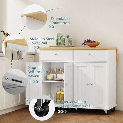 Shintenchi Kitchen Island with Drop Leaf, Rolling Kitchen Cart with Storage on Wheels, Table Bar Cart for Kitchen with Towel Rack & Seating Area for Dining Room, White - color: White