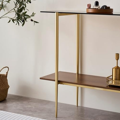 LumFurn Glass Console Table for Living Room, Foyer & Entrance, 2-Tiers Mid-Century Modern Sofa Table with Amber Glass Top, Walnut Finish Wood Shelf and Gold Finish Frame - color: L40.9" Amber & Walnut