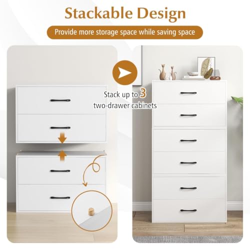 SIMOE 24" W White Stackable 2-Drawer Dresser for Bedroom, Short Storage Cabinet with Metal Handles, Wood Drawer Organizer with Anti-Tip Kits, Compact Chest of Drawers for Office, Entryway
