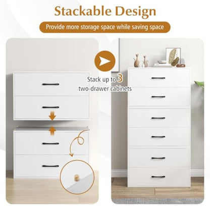 SIMOE 24" W White Stackable 2-Drawer Dresser for Bedroom, Short Storage Cabinet with Metal Handles, Wood Drawer Organizer with Anti-Tip Kits, Compact Chest of Drawers for Office, Entryway