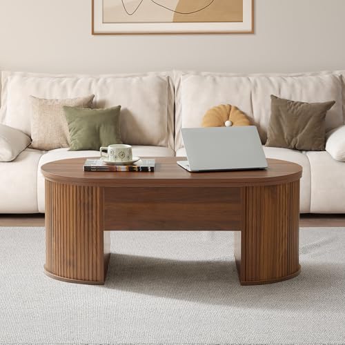 QHITTY Fluted Coffee Table with Lifting Top, Oval Wood Lift Top Coffee Table with Hidden Compartment, Mid Century Pull up Center Tables for Living Room, Office - Walnut - color: Round Table-walnut