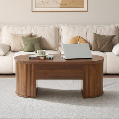 QHITTY Fluted Coffee Table with Lifting Top, Oval Wood Lift Top Coffee Table with Hidden Compartment, Mid Century Pull up Center Tables for Living Room, Office - Walnut - color: Round Table-walnut