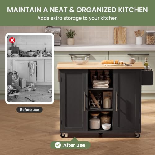 DUMOS 42in Kitchen Island with Storage, Drop Leaf, Spice Rack, Towel Rack | Rolling Cart on Wheels, Adjustable Shelves, Wood, Mobile Utility Serving Table, Living Room, Dining Room, Black - color: Black