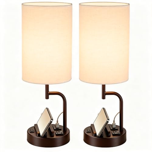 Dreamholder 2 Pack Table Lamp, Bedside Lamp with 3 USB Charging Ports & AC Outlet, USB Desk Lamp with 2 Phone Holders, Linen Fabric Shade Nightstand Lamps for Bedroom Living Room Office, Dark Brown - color: Dark Brown