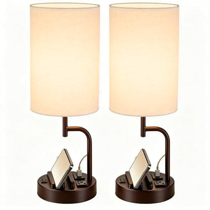 Dreamholder 2 Pack Table Lamp, Bedside Lamp with 3 USB Charging Ports & AC Outlet, USB Desk Lamp with 2 Phone Holders, Linen Fabric Shade Nightstand Lamps for Bedroom Living Room Office, Dark Brown - color: Dark Brown