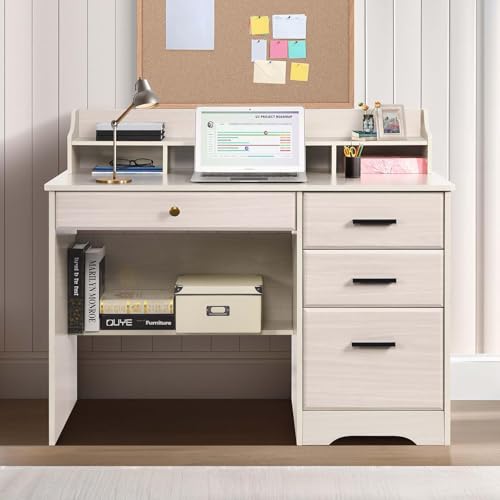 Computer Desk with Drawers and Hutch, Farmhouse Home Office Desk, Wood Student Desk with File Drawer for Bedroom, Writing Table for Small Space, Warm White - color: Warm White