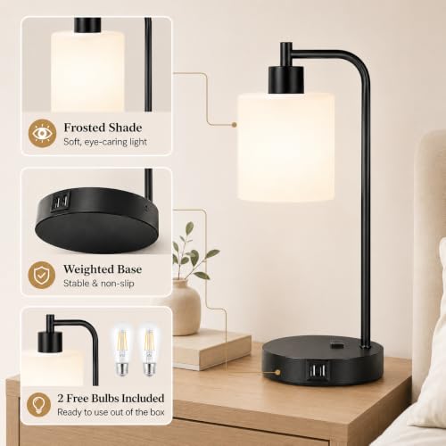 Set of 2 Industrial Touch Control Table Lamps with 2 USB Ports and AC Outlet - 3-Way Dimmable Black Bedside Lamp Nightstand Desk Lamps for Bedroom Living Room, Opal Glass Shade & 2 LED Bulbs Included - color: Black(2 pack)-Opal Glass-Touch Control