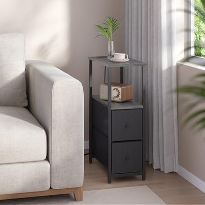 TUTOTAK Narrow End Table with Charging Station, Skinny Side Table | Bedside Table with Outlets, Nightstand with 2 Cloth Drawers, Couch Table for Living Room, Bedroom, Charcoal Grey TB01BY055 - color: Charcoal Grey, style: 2 Drawers & Plug