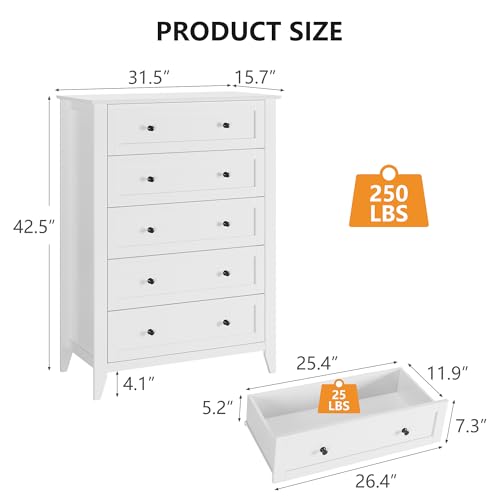 IDEALHOUSE 5 Chest of Drawers for Bedroom, 42.5'' Tall Drawer Dresser,White | Simply 5 Drawer Dresser for Hallway Entryway, 15.8"D x 31.5"W x 42.5"H, Lacquered Storage Organizer for Living Room - color: White, size: 15.8"D x 31.5"W x 42.5"H (5 Drawers)