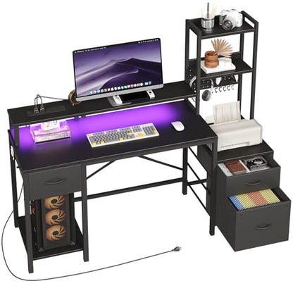 55" Gaming Desk with Power Outlet & LED Light, Computer Desk with Fabric Drawers, Storage Shelves & Monitor Stand, Industrial Gaming Table with Side Hook, Black