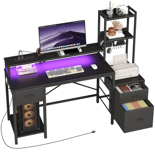 55" Gaming Desk with Power Outlet & LED Light, Computer Desk with Fabric Drawers, Storage Shelves & Monitor Stand, Industrial Gaming Table with Side Hook, Black