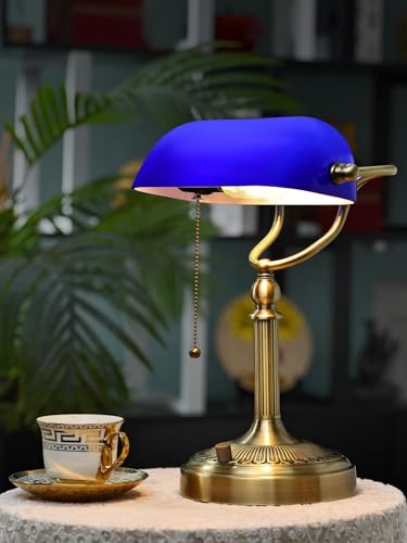 Blue Stepless Dimmable Glass Bankers Desk Lamp | Table Lamp Plug in Fixture for Study Home Office, LED Bulb Included - color: Blue-Dimmable