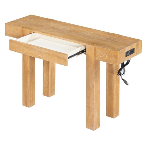 Rustic Console Table with Hidden Drawer, Wooden Sofa Table Behind Couch | Side Power Outlet,for Entryways, Living Room, Foyer, Natural - color: Nautral
