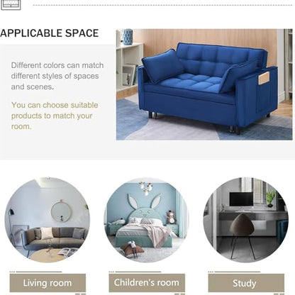 3 in 1 Convertible Sleeper Sofa Bed, Velvet Loveseat Futon Pull-Out Couch with Adjustable Reclining Backrest, Side Pockets and Pillows for Living Room, Bedroom, Apartment, Small Spaces (Blue-Velvet) - color: Blue-velvet
