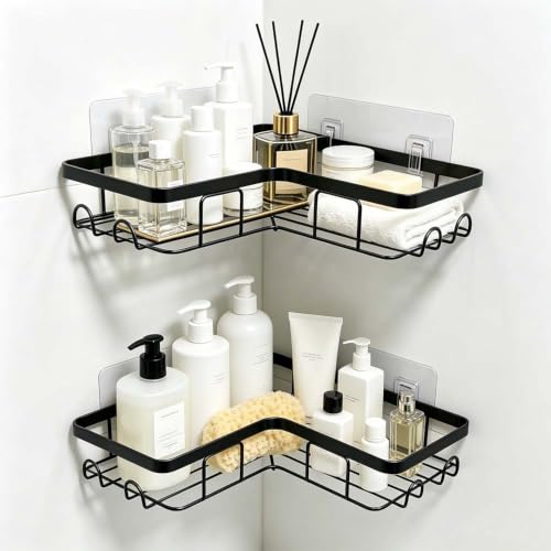 2 Pack Corner Shower Caddy, No Drilling Adhesive Bathroom Corner Shelf, Rustproof Stainless Steel Shower Organizer Rack with 8 Hooks, Space Saving Wall Mount Shower Storage for Bathroom & Shower