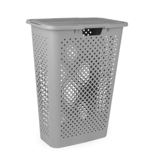 Superio 45L Slim Laundry Hamper with Lid, Perforated Plastic Clothes Basket, Modern Space-Saving Design, Sturdy Laundry Bin with Ergonomic Handles, Grey - color: Grey, size: 1 Pack, style: Laundry Hamper - 45L